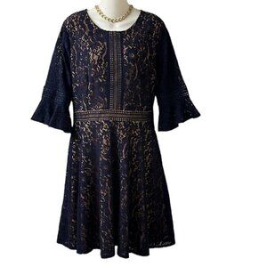 MissMay Navy Vintage Full Lace Contrast Flare Sleeve Big Swing ALine Dress XL